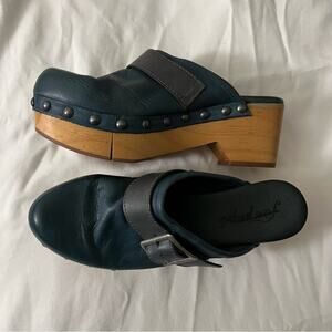 Free People Wooden Platform Culver City Clogs in Teal Blue with Big Buckle 39